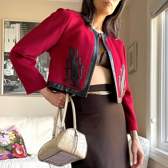 Vintage Open front burgundy wool cropped jacket with applique - Picture 1 of 14